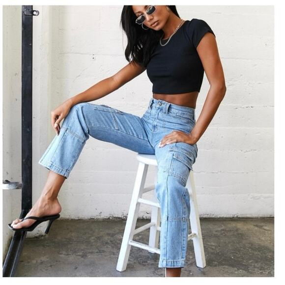 Lioness Stacey Cargo Jeans Size S High Rise Utility Denim Y2K Grunge Streetwear - Picture 4 of 8